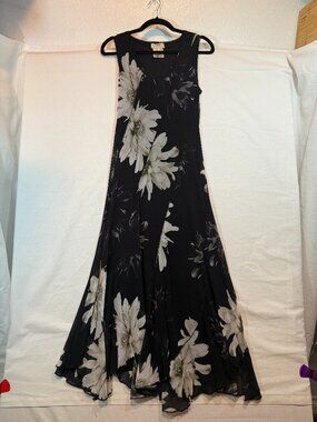 Fuzzi Floral Midi Dress Womens XL Black White Sleeveless Ruffle Hem Italy Luxury